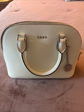 DKNY Cream Dome Satchel with Chain Logo Charm